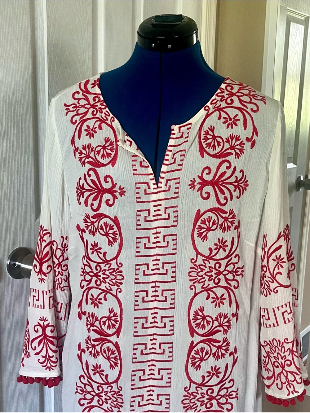 Red and white semi sheer embroidered caftan cover up, super cute Pom Pom sleeves - Picture 4 of 10